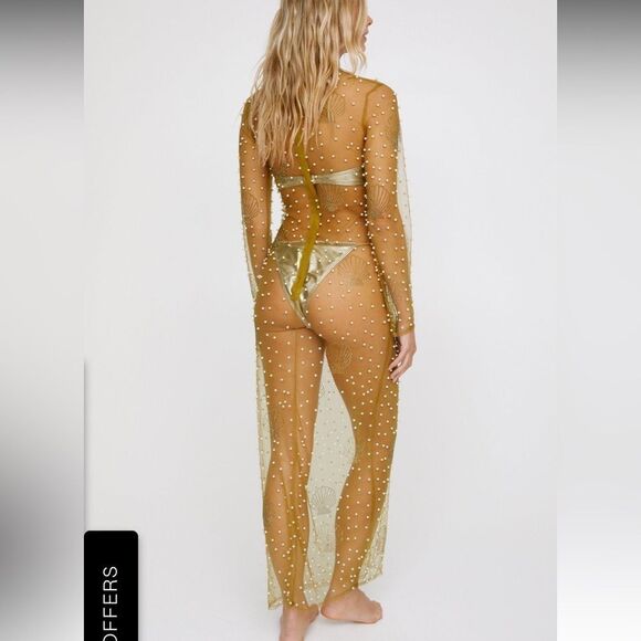 Nasty Gal gold shell pearl maxi beach dress coverup sheer small s - Picture 2 of 10